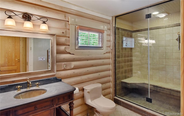 bathroom featuring an enclosed shower, toilet, log walls, and vanity