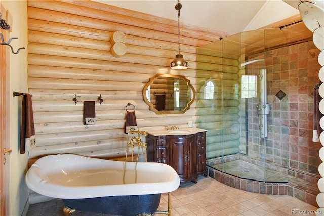 bathroom with plus walk in shower, tile patterned flooring, log walls, and vanity