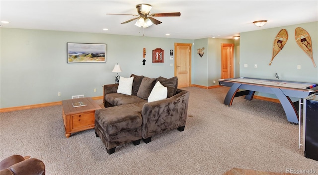 recreation room with baseboards, recessed lighting, and light colored carpet