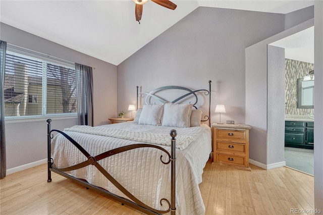 12646 S Dove Creek Way, Parker, CO 80134 - bedroom with light wood-style flooring, lofted ceiling, baseboards, and ceiling fan