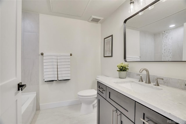 bathroom with bathtub / shower combination, visible vents, toilet, vanity, and baseboards