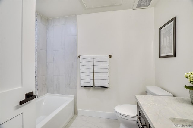 full bathroom with marble finish floor, visible vents, toilet, vanity, and baseboards