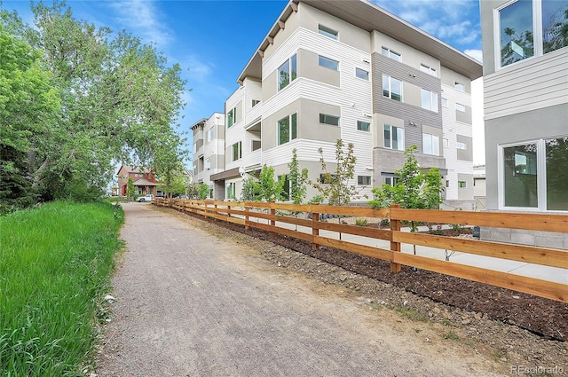 view of property with fence and a residential view