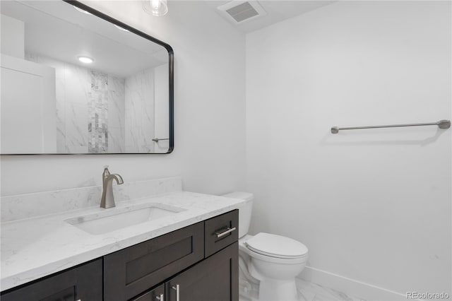 full bathroom with marble finish floor, visible vents, toilet, vanity, and baseboards