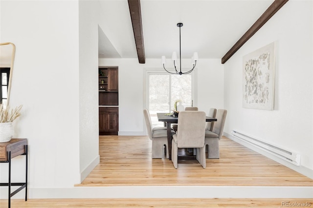 dining space with baseboard heating, hardwood / wood-style floors, a chandelier, and beam ceiling