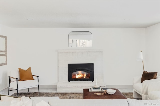 living room with a fireplace