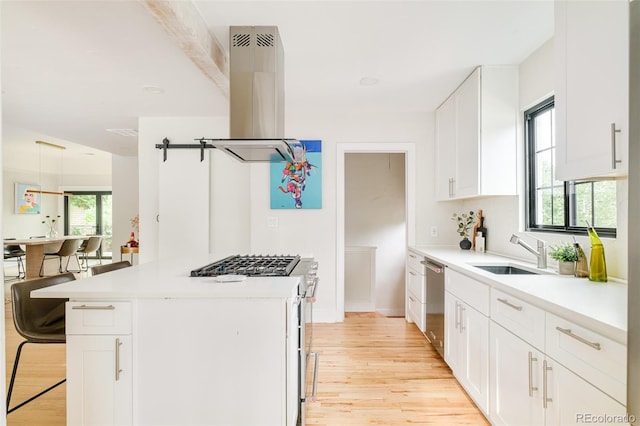 1300 N Glencoe St, Denver, CO 80220 - kitchen with island range hood, range with gas stovetop, stainless steel dishwasher, and light wood-type flooring