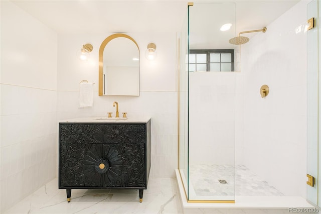 1300 N Glencoe St, Denver, CO 80220 - full bath with marble finish flooring, a tile shower, vanity, and tile walls