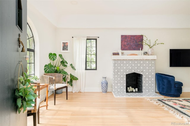 1300 N Glencoe St, Denver, CO 80220 - living room featuring wood finished floors and a fireplace
