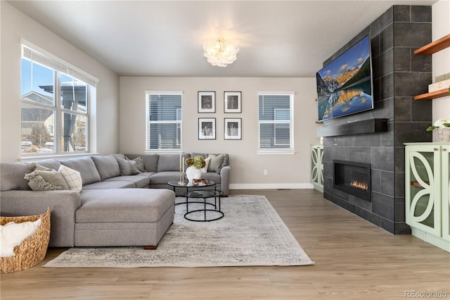 living room featuring a chandelier, hardwood / wood-style floors, and a fireplace