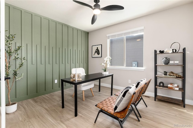 office area featuring ceiling fan and light hardwood / wood-style flooring