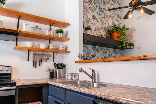 kitchen with blue cabinets, a sink, light countertops, stainless steel electric stove, and open shelves