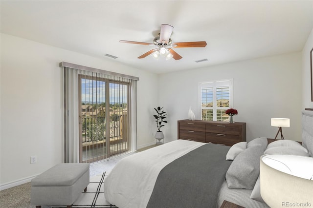 carpeted bedroom with ceiling fan and access to exterior