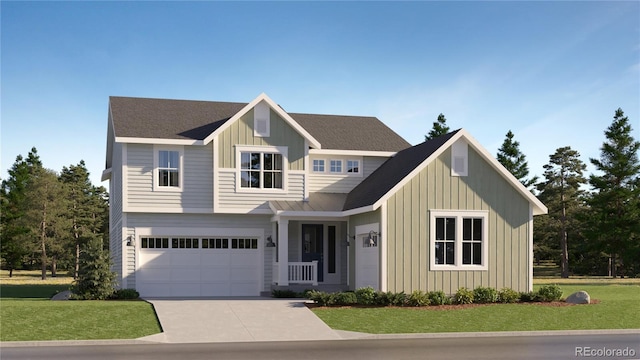 view of front of property featuring driveway, roof with shingles, board and batten siding, and a front yard