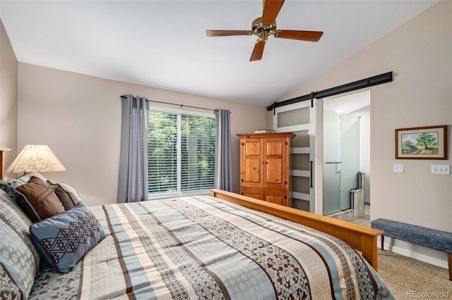 735 Poppy Pl, Highlands Ranch, CO 80129 - carpeted bedroom with lofted ceiling, a barn door, and ceiling fan