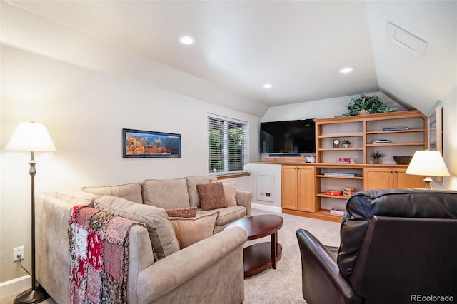 735 Poppy Pl, Highlands Ranch, CO 80129 - living room with lofted ceiling, light carpet, and recessed lighting