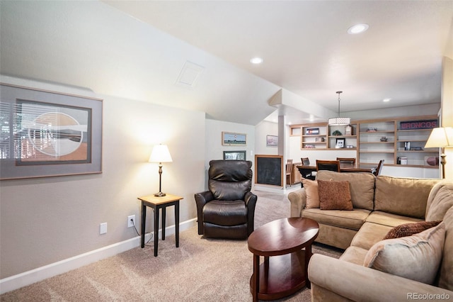 735 Poppy Pl, Highlands Ranch, CO 80129 - living room with light colored carpet, decorative columns, recessed lighting, and lofted ceiling