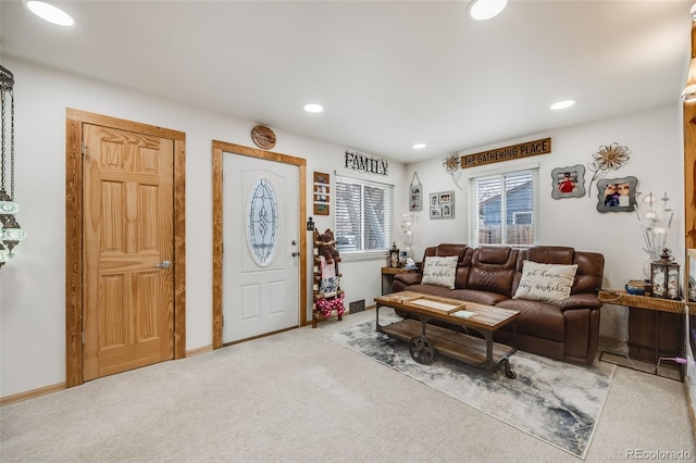 living room with light carpet