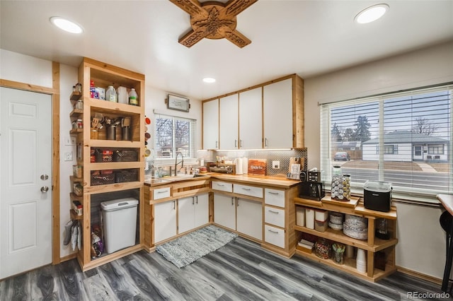 kitchen with tasteful backsplash, dark hardwood / wood-style floors, sink, and white cabinets