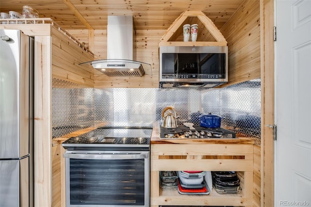 kitchen with wood ceiling, appliances with stainless steel finishes, island range hood, and backsplash