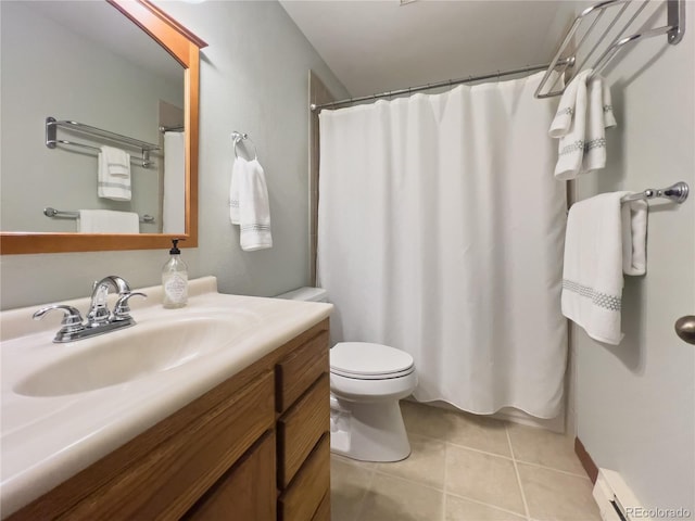 full bathroom with toilet, tile patterned flooring, a shower with shower curtain, and vanity