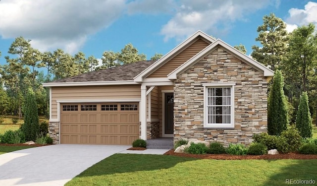 craftsman house with a garage and a front lawn