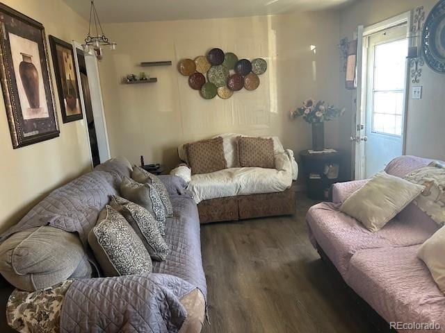 living room featuring dark wood-type flooring