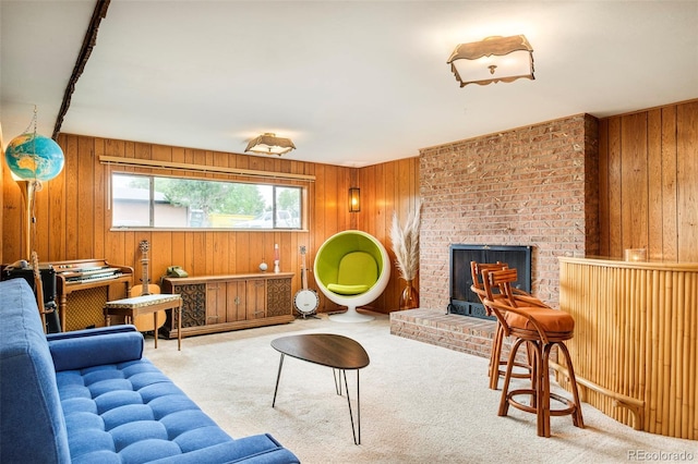 12193 W New Mexico Pl, Lakewood, CO 80228 - carpeted living area featuring wooden walls and a brick fireplace