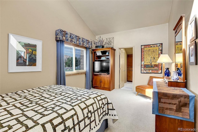 carpeted bedroom featuring high vaulted ceiling