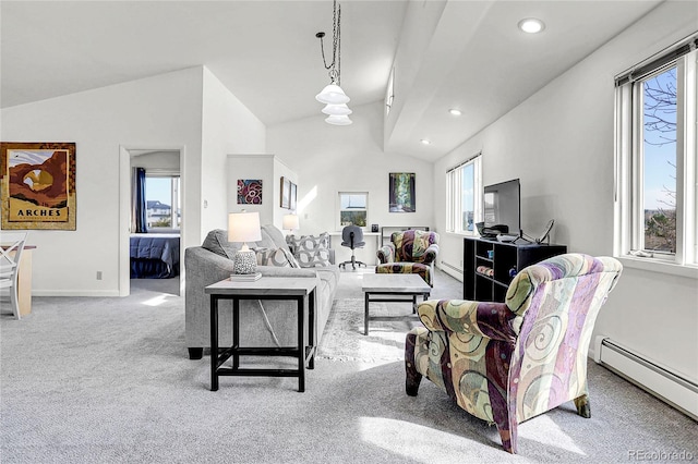 living area featuring recessed lighting, carpet, vaulted ceiling, baseboards, and a baseboard radiator