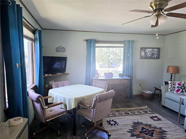 dining room with ceiling fan and dark wood-type flooring