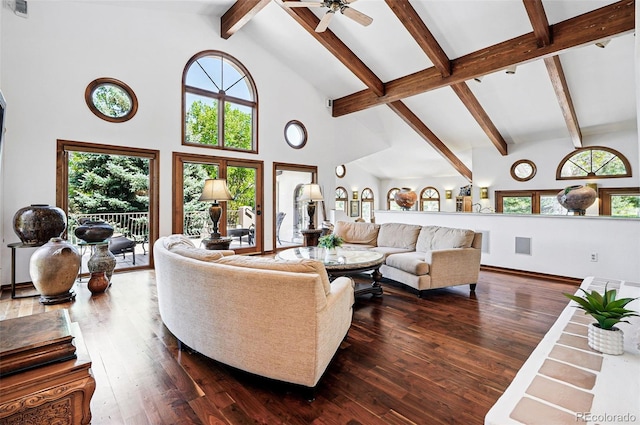 5904 Meadowbrook Dr, Morrison, CO 80465 - living area with beam ceiling, high vaulted ceiling, healthy amount of natural light, dark wood-style floors, and a ceiling fan