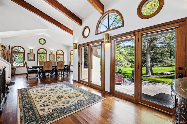 5904 Meadowbrook Dr, Morrison, CO 80465 - entrance foyer featuring plenty of natural light, beamed ceiling, wood finished floors, and high vaulted ceiling