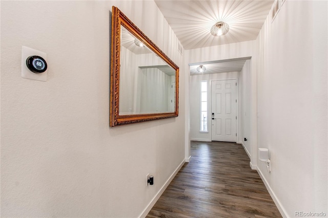foyer entrance featuring baseboards and dark wood-style floors