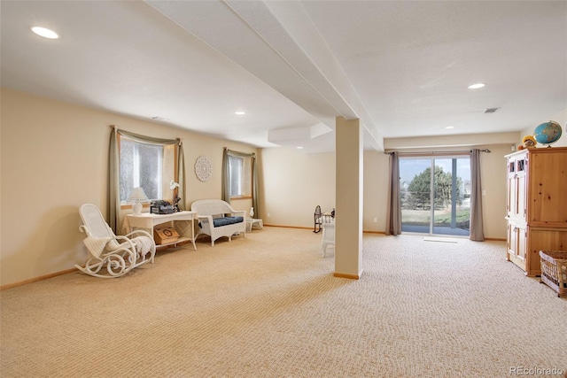 sitting room with recessed lighting, carpet flooring, and baseboards