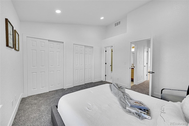 bedroom featuring high vaulted ceiling, dark carpet, and two closets