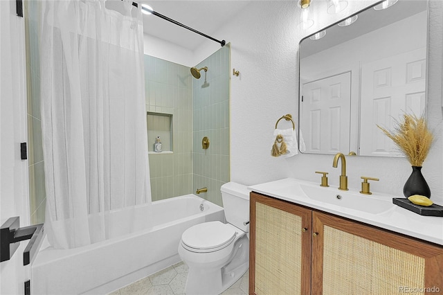 full bathroom with tile patterned floors, vanity, toilet, and shower / tub combo with curtain