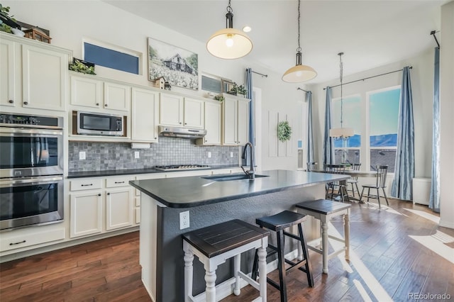 kitchen featuring backsplash, stainless steel appliances, sink, hanging light fixtures, and an island with sink