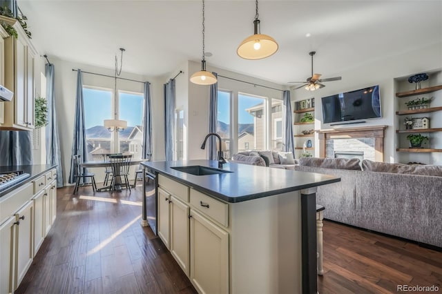 kitchen with a center island with sink, plenty of natural light, sink, and dark wood-type flooring