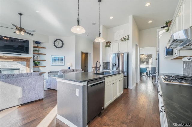 kitchen with ventilation hood, stainless steel appliances, sink, white cabinetry, and an island with sink