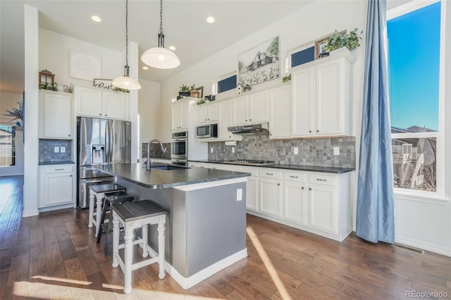 kitchen with a wealth of natural light, sink, an island with sink, and appliances with stainless steel finishes