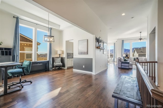 office space featuring dark hardwood / wood-style floors and ceiling fan