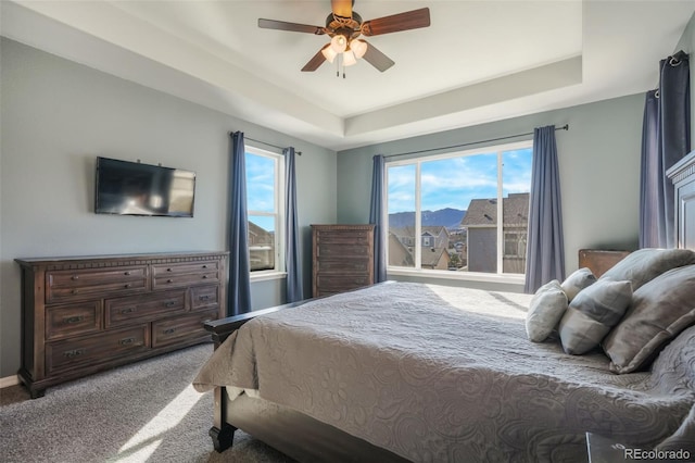 carpeted bedroom featuring a raised ceiling and ceiling fan