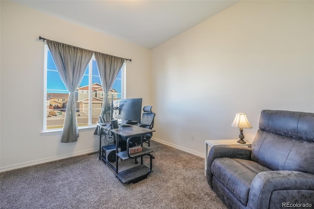 office with carpet and vaulted ceiling