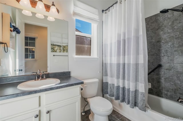 full bathroom featuring tile patterned flooring, vanity, toilet, and shower / bathtub combination with curtain