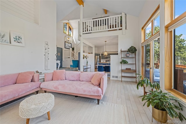 living area featuring high vaulted ceiling, wood finished floors, beam ceiling, and visible vents
