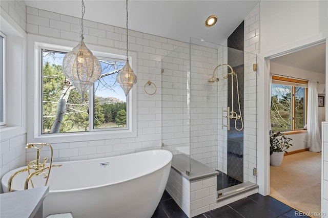 full bathroom with a freestanding bath, a healthy amount of sunlight, tile patterned flooring, and a stall shower