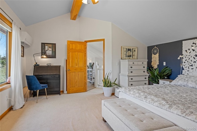 carpeted bedroom with baseboards, lofted ceiling with beams, and a wall unit AC