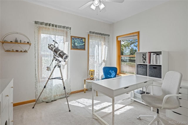 office featuring baseboards, carpet floors, and ceiling fan