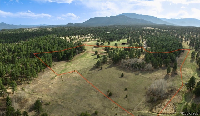 birds eye view of property with a rural view, a wooded view, and a mountain view
